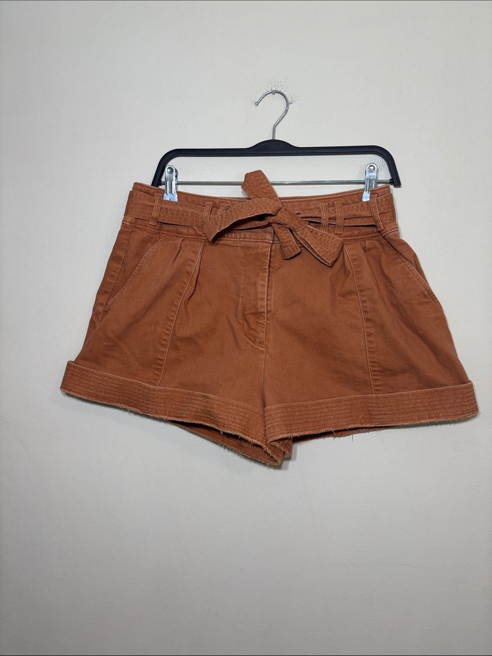 High-Waist Paperbag Shorts with Self Tie - Rust Brown